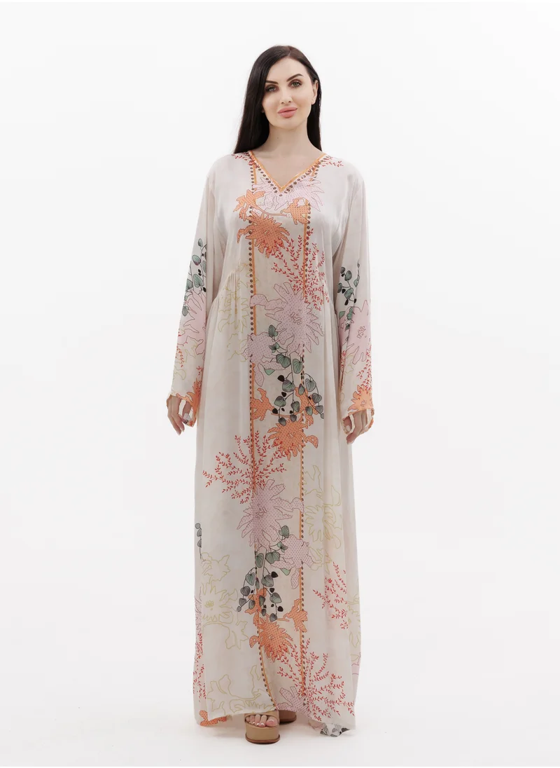 هانا آند سارا LONG FLORAL PRINTED CREPE STYLISH SMALL STONE WORK ARABIC KAFTAN JALABIYA DRESS