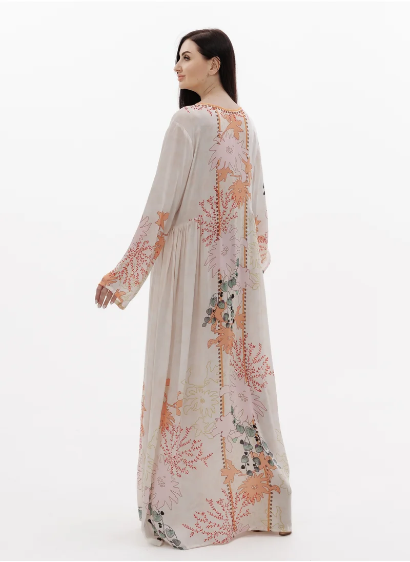 HANA & SARA LONG FLORAL PRINTED CREPE STYLISH SMALL STONE WORK ARABIC KAFTAN JALABIYA DRESS