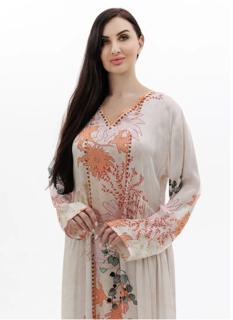 HANA & SARA LONG FLORAL PRINTED CREPE STYLISH SMALL STONE WORK ARABIC KAFTAN JALABIYA DRESS