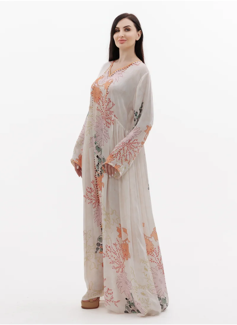 HANA & SARA LONG FLORAL PRINTED CREPE STYLISH SMALL STONE WORK ARABIC KAFTAN JALABIYA DRESS