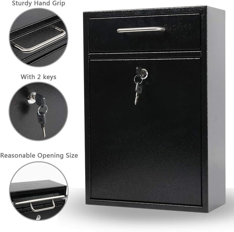 KYODOLED Steel Key Lock Mail Boxes Outdoor, Locking Wall Mount Mailbox, Security Lock Drop Box, Collection Boxes,16.2H x 11.22L x 4.72W Inches, Black X Large - Image 2