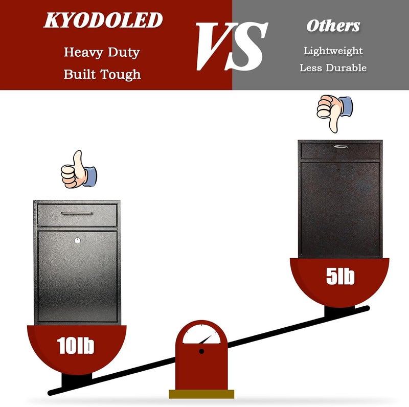 KYODOLED Steel Key Lock Mail Boxes Outdoor, Locking Wall Mount Mailbox, Security Lock Drop Box, Collection Boxes,16.2H x 11.22L x 4.72W Inches, Black X Large - Image 4