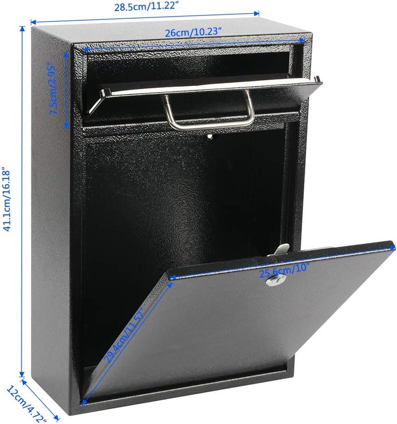 KYODOLED Steel Key Lock Mail Boxes Outdoor, Locking Wall Mount Mailbox, Security Lock Drop Box, Collection Boxes,16.2H x 11.22L x 4.72W Inches, Black X Large - Image 3