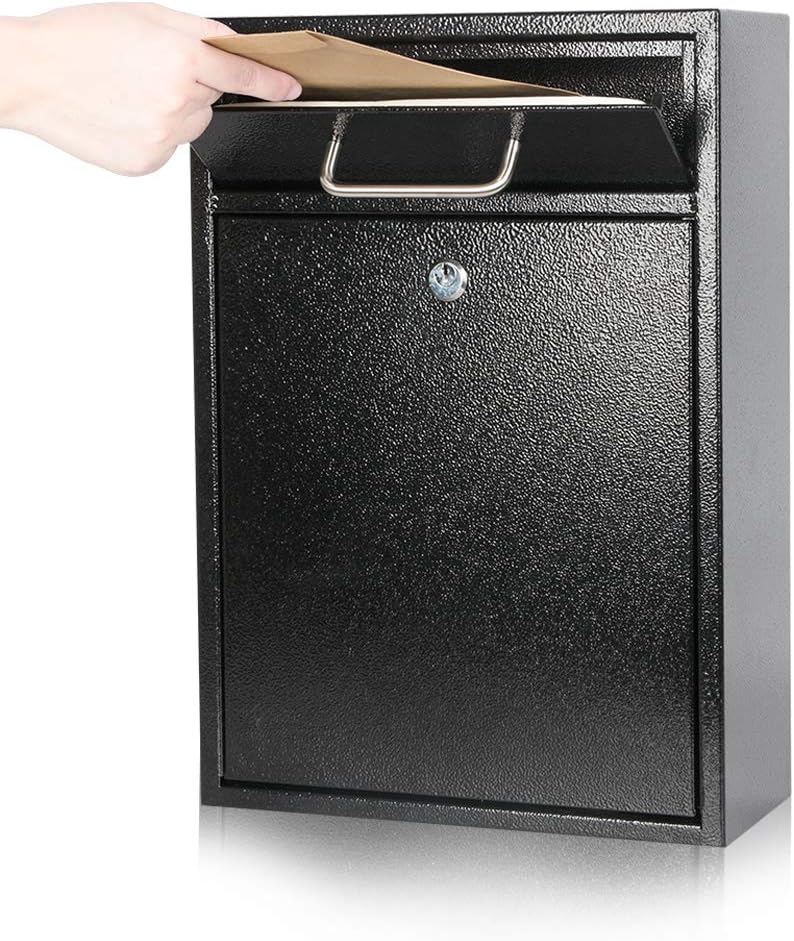 KYODOLED Steel Key Lock Mail Boxes Outdoor, Locking Wall Mount Mailbox, Security Lock Drop Box, Collection Boxes,16.2H x 11.22L x 4.72W Inches, Black X Large - Image 1