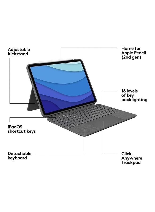 Logitech Combo Touch iPad Pro 11 inch 1st, 2nd, 3rd gen 2018, 2020, 2021, Detachable Backlit Keyboard, Click Anywhere Trackpad, Smart Connector, QWERTY Arabic Grey, Graphite, 920-010135 - Image 2