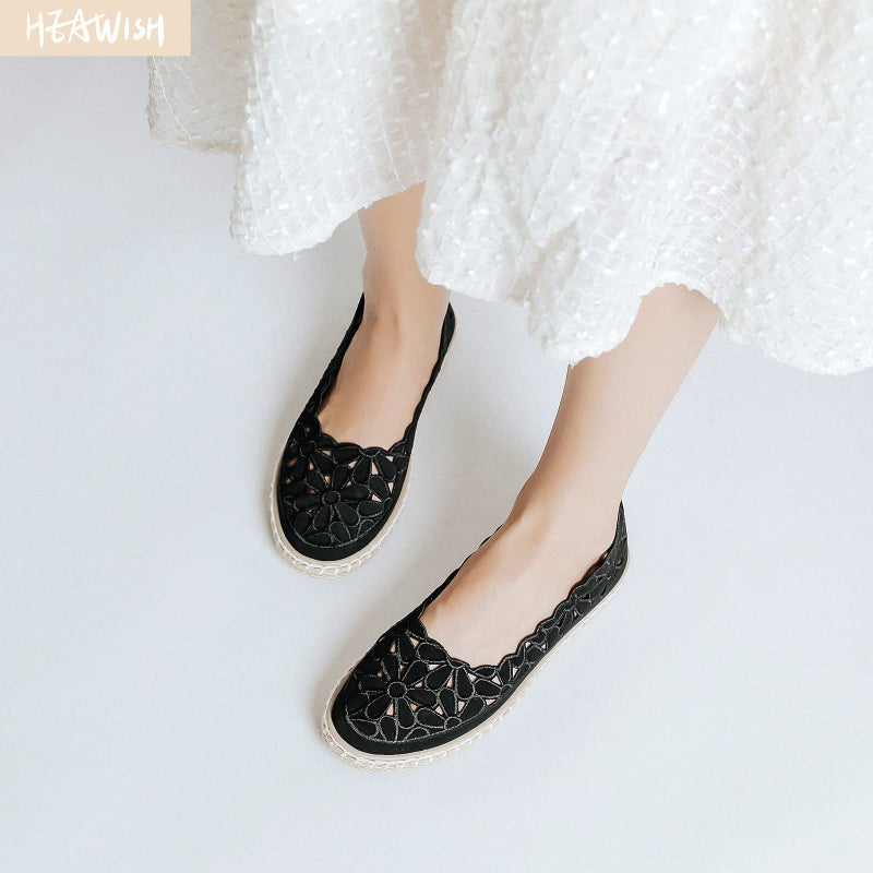 HEAWISH Womenâ€™s Ballet Flat Daisy Round Toe Dress Shoes Casual Slip On Rope Loafer(Black, US6) - Image 2