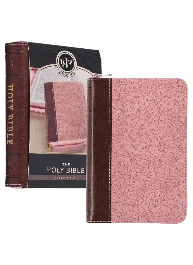 KJV Holy Bible, Mini Pocket Size, Faux Leather Red Letter Edition - Ribbon Marker, King James Version, Pink/Saddle Tan, Zipper Closure  - Image 1