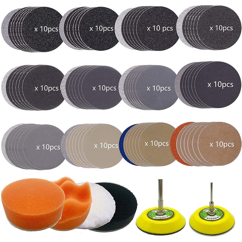 CKFCXC 3 Inch Sandpaper Grit 60-10000 Wet Dry Sander Sheets with 1/8"&1/4"Shank Backer Plate and Soft Foam Buffering Pad Grinding Abrasive Sponge Sanding Disc Pad Kit for Wood Metal Mirror Jewelry Car 128pcs - Image 1