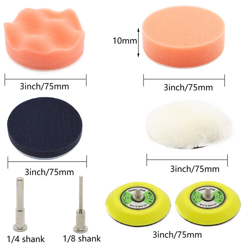 CKFCXC 3 Inch Sandpaper Grit 60-10000 Wet Dry Sander Sheets with 1/8"&1/4"Shank Backer Plate and Soft Foam Buffering Pad Grinding Abrasive Sponge Sanding Disc Pad Kit for Wood Metal Mirror Jewelry Car 128pcs - Image 3