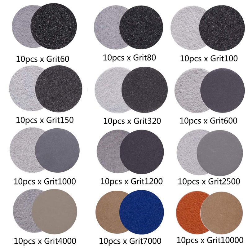 CKFCXC 3 Inch Sandpaper Grit 60-10000 Wet Dry Sander Sheets with 1/8"&1/4"Shank Backer Plate and Soft Foam Buffering Pad Grinding Abrasive Sponge Sanding Disc Pad Kit for Wood Metal Mirror Jewelry Car 128pcs - Image 2