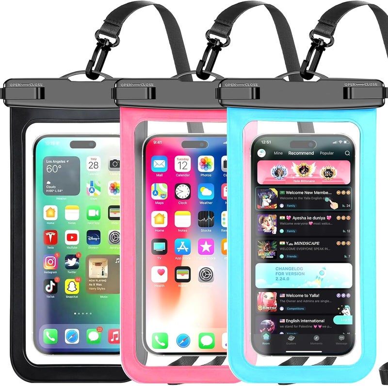 Famoby Up to 8.3" 3 Pack Multicolor Universal Waterproof Phone Pouch, Large Phone Waterproof Case Dry Bag,Protection Level: IP68,Outdoor Sports for Apple iPhone,Samsung,and More,Black,Blue,Pink - Image 1
