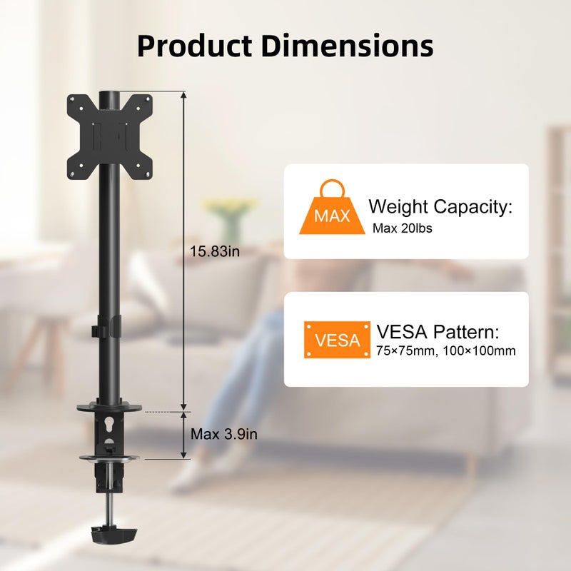 Pholiten Single Monitor Stand, Heavy Duty Adjustable Monitor Arm Desk Mount for 13-32Inch, Tilt, Swivel, Rotate, Support 22 lbs,Black - Image 3