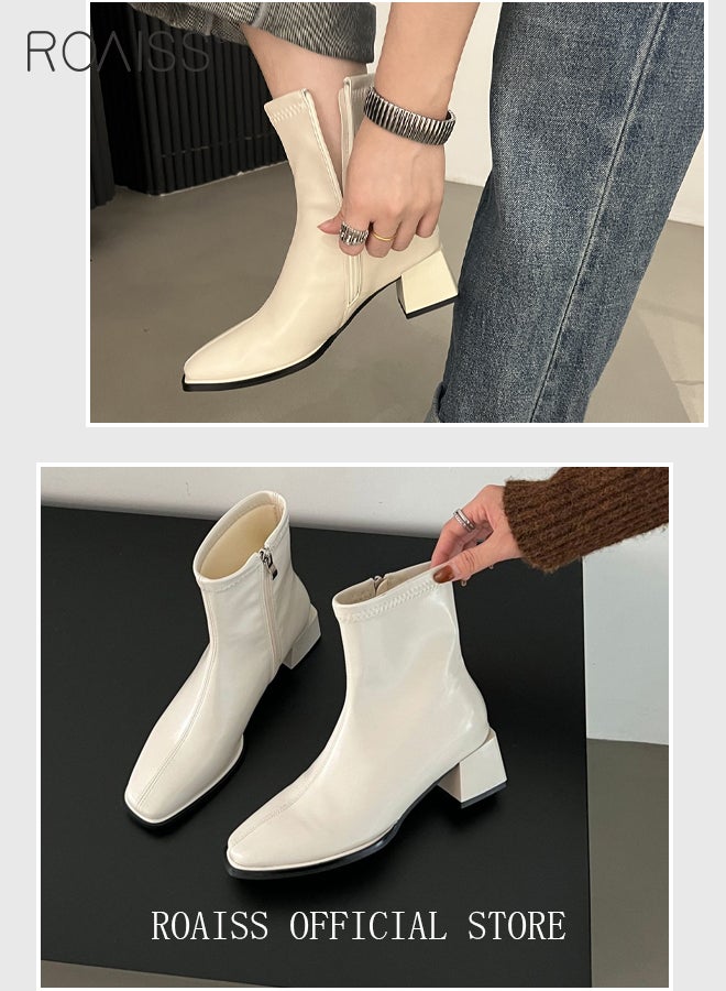 roaiss Martin Boots for Women Square Toe Heightening and Slimming Short Boots Ladies Ankle Slim Single Boot High Heeled Chelsea Booties  - Image 4