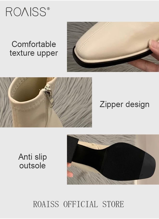 roaiss Martin Boots for Women Square Toe Heightening and Slimming Short Boots Ladies Ankle Slim Single Boot High Heeled Chelsea Booties  - Image 2