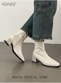 roaiss Martin Boots for Women Square Toe Heightening and Slimming Short Boots Ladies Ankle Slim Single Boot High Heeled Chelsea Booties  - Image 3