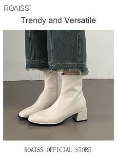 roaiss Martin Boots for Women Square Toe Heightening and Slimming Short Boots Ladies Ankle Slim Single Boot High Heeled Chelsea Booties  - Image 4