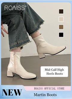 roaiss Martin Boots for Women Square Toe Heightening and Slimming Short Boots Ladies Ankle Slim Single Boot High Heeled Chelsea Booties  - Image 2