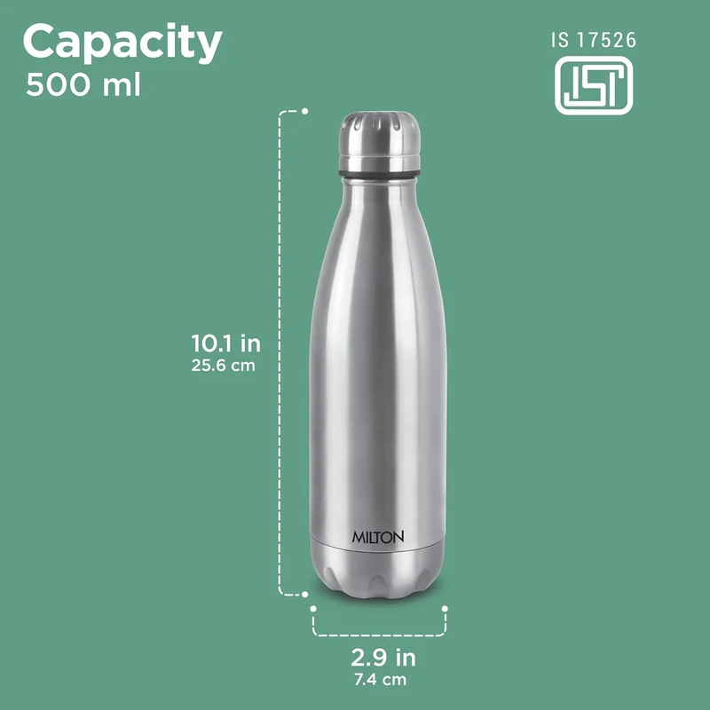 Milton  Milton Duo DLX 500 Thermosteel 24 Hours Hot and Cold Water Bottle, 1 Piece, 500 ml, Silver | Leak Proof | Office Bottle | Gym | Home | Kitchen | Hiking | Trekking | Travel Bottle Silver 500ml  | Best Price UAE