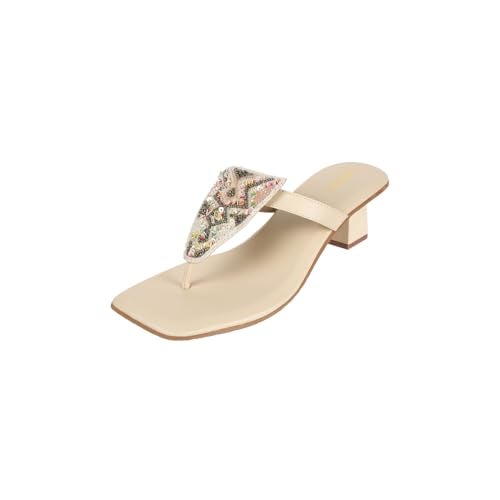 Metro Women's Beige Faux Leather Beaded Embellished Block Heel Thong Slippers UK/3 EU/36 (32-946) - Image 1