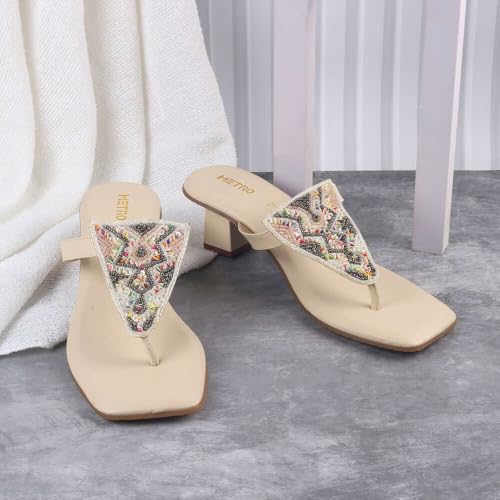 Metro Women's Beige Faux Leather Beaded Embellished Block Heel Thong Slippers UK/3 EU/36 (32-946) - Image 2
