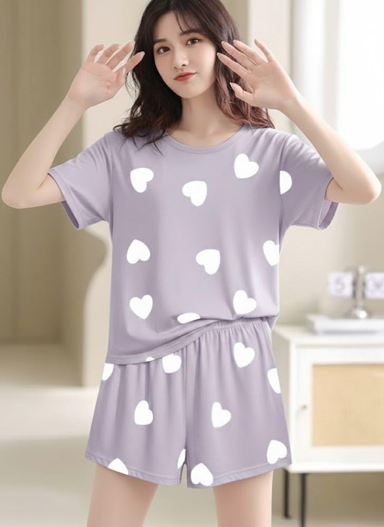SMOWKLY Women Korean Shorts Pajama Set Cotton Blend Nightwear Set Top & Shorts Sleepwear Lounge Wear Soft Comfortable Night Suit Ladies Summer Night Dress Co-Ord Home Wear Set(1513_L)VNDR_XS) - Image 3