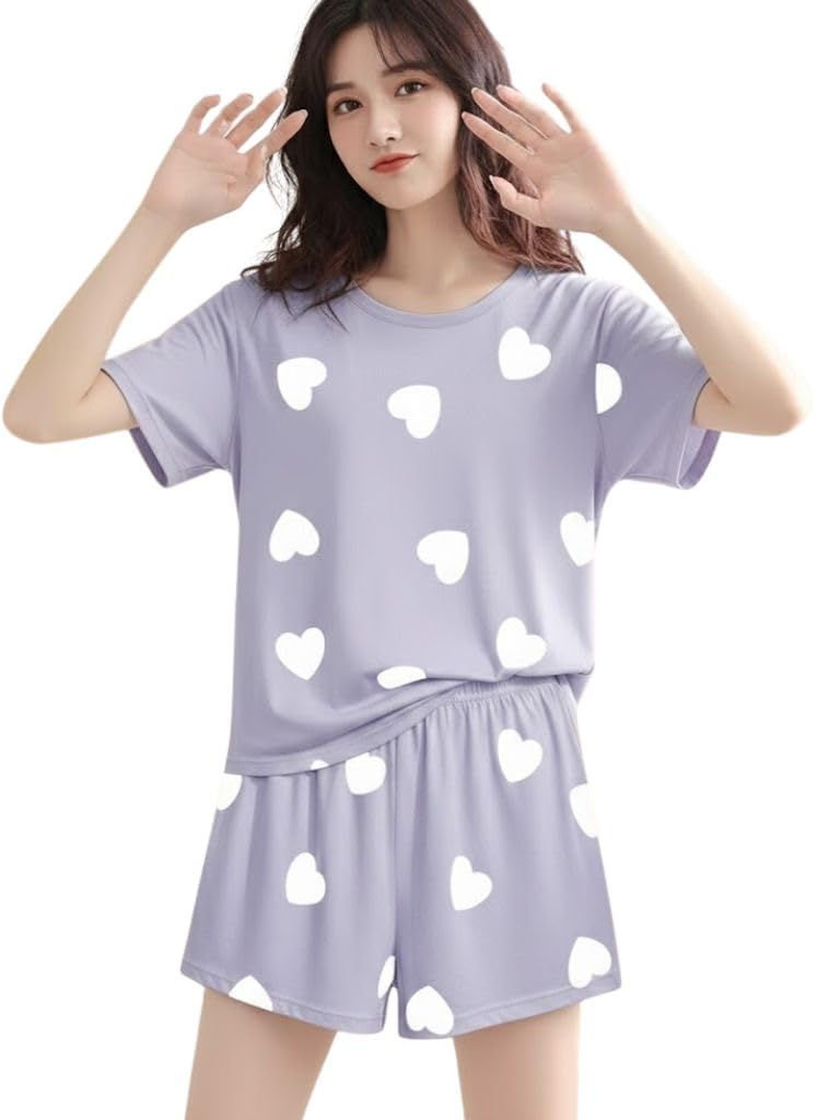 SMOWKLY Women Korean Shorts Pajama Set Cotton Blend Nightwear Set Top & Shorts Sleepwear Lounge Wear Soft Comfortable Night Suit Ladies Summer Night Dress Co-Ord Home Wear Set(1513_L)VNDR_XS) - Image 1