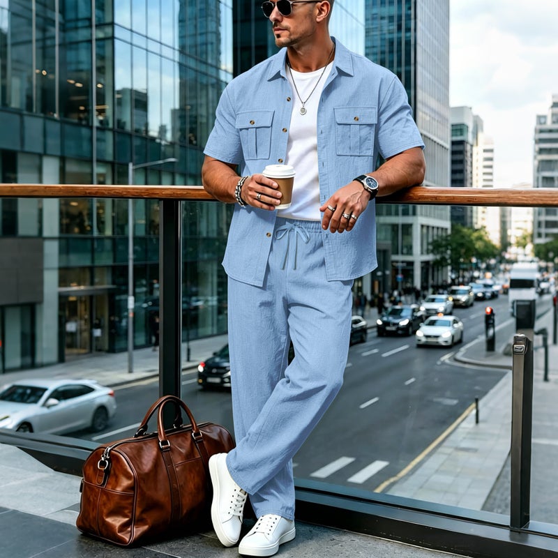 Summer New Linen Loose Beach Men's Casual Simple Double-Pocket Workwear Short-Sleeve Shirt and Long Pants Set