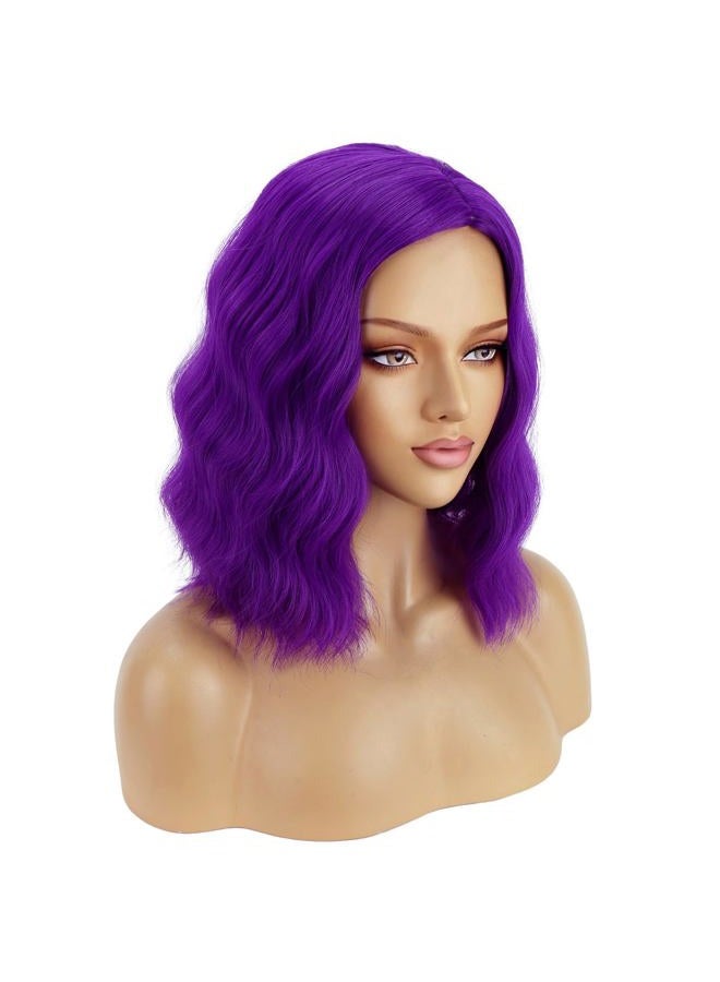 BERON Mix Purple Wig Short Curly Wig Purple Bob Wigs Women Beach Wave Wigs for Cosplay Costume Party Hairnet Included - Image 2