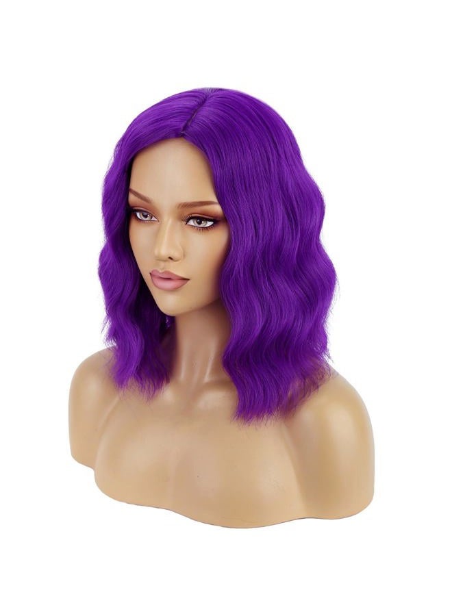 BERON Mix Purple Wig Short Curly Wig Purple Bob Wigs Women Beach Wave Wigs for Cosplay Costume Party Hairnet Included - Image 3