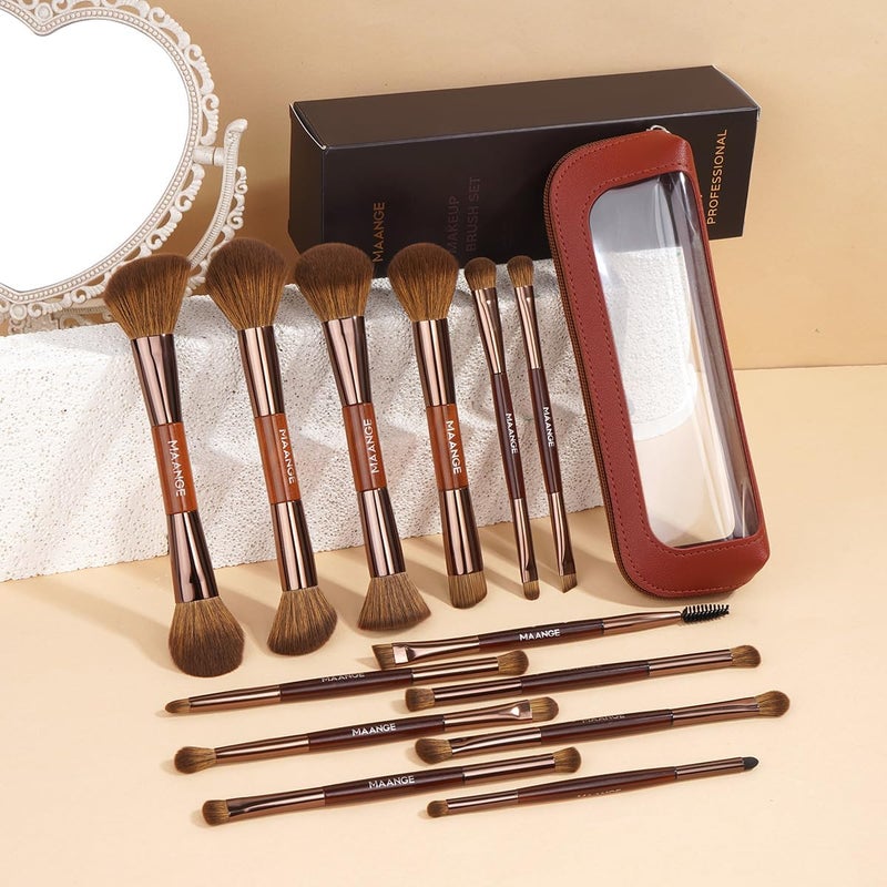 MAANGE 13 Pcs Foundation Makeup Brush Set With Bag, Make up Brushes, Double-End Multi Functional Makeup Brushes, Professional Face Brush Set Tools For Liquid Powder Concealer Cream Blush (Brown) - Image 2