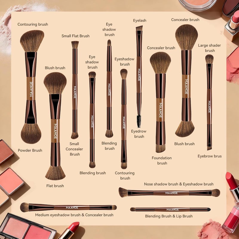 MAANGE 13 Pcs Foundation Makeup Brush Set With Bag, Make up Brushes, Double-End Multi Functional Makeup Brushes, Professional Face Brush Set Tools For Liquid Powder Concealer Cream Blush (Brown) - Image 3