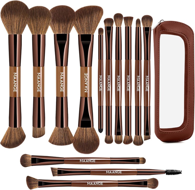 MAANGE 13 Pcs Foundation Makeup Brush Set With Bag, Make up Brushes, Double-End Multi Functional Makeup Brushes, Professional Face Brush Set Tools For Liquid Powder Concealer Cream Blush (Brown) - Image 1