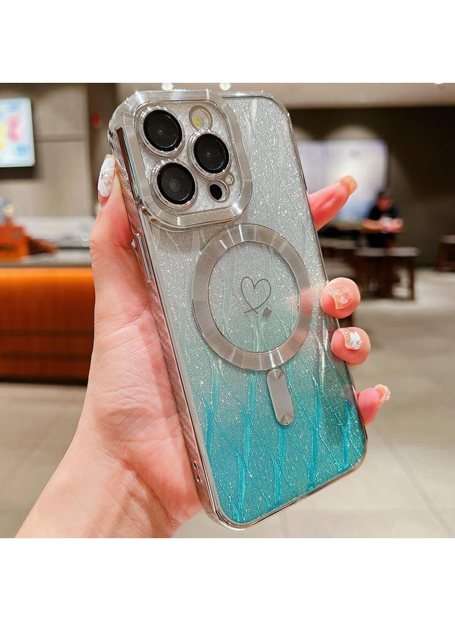 S-TOP Case For iPhone 15 Pro Loves Leaves Gradient Glitter Carbon Fiber Magsafe TPU Phone Case - Image 1