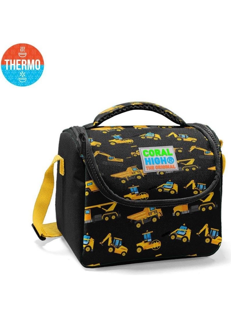 CORAL HIGH Kids Black Yellow Construction Machine Patterned Thermo Lunch Box 11813  - Image 1