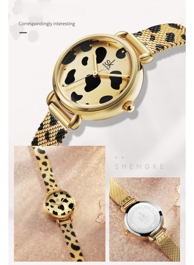 SK Shengke Women's Quartz Watch with Gold Leopard Print, 30M Waterproof, Small Personality - Image 2