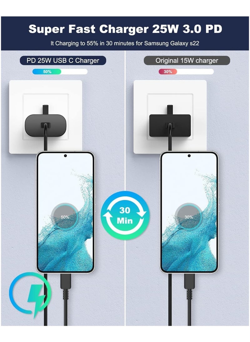 MMG - 25W Super Fast Charger Type C for Samsung Galaxy S24, S23, S22, S22 Ultra, S22+, S21, S20, A15, A25, A35, A55 5G, A05, A54, A53, A34, A32 TAB,USB C Super Fast Charger Adapter with USB C Charging Cable - Image 1