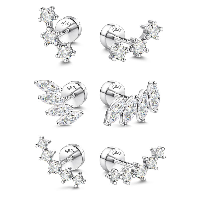 GEMQUEEN Flat Back Earrings Studs Hypoallergenic 14K White Gold Plated Solid 925 Sterling Silver Earring Set Cartilage Helix Conch Tragus Lobe Piercing Jewelry Small Screw CZ Earrings for Women Men