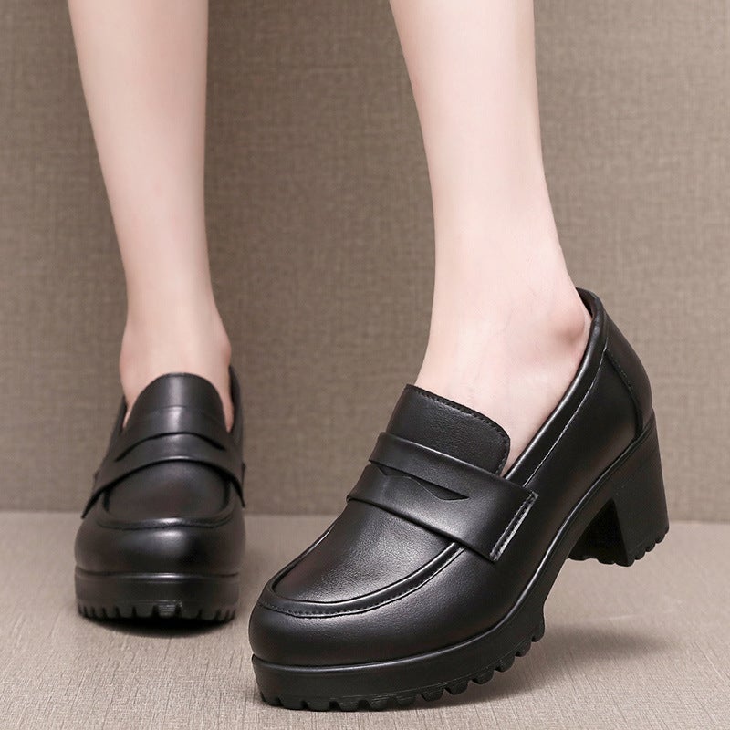 Frosted Loafers Women'S Women'S Shoes Thick Heeled Waterproof Platform British Leather Shoes Retro Black Slip-On Shoes - Image 3