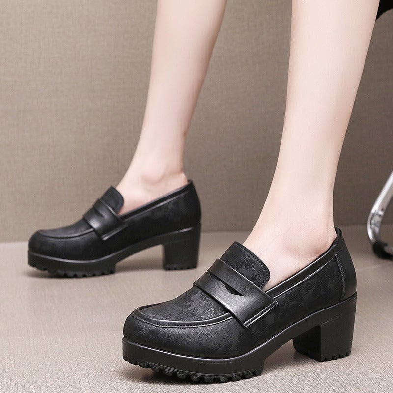 Frosted Loafers Women'S Women'S Shoes Thick Heeled Waterproof Platform British Leather Shoes Retro Black Slip-On Shoes - Image 2