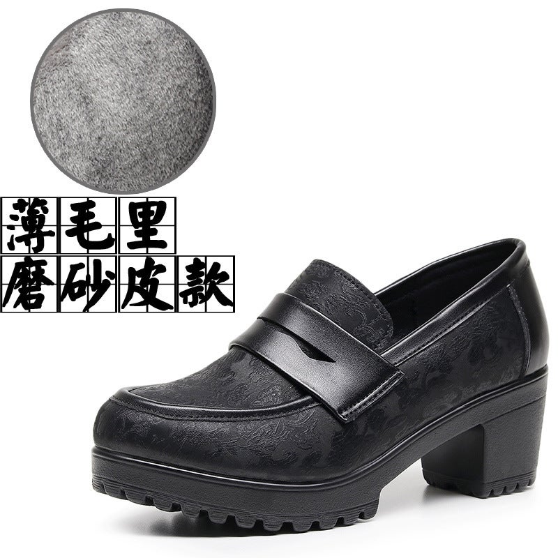 Frosted Loafers Women'S Women'S Shoes Thick Heeled Waterproof Platform British Leather Shoes Retro Black Slip-On Shoes - Image 1