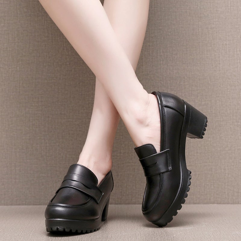 Frosted Loafers Women'S Women'S Shoes Thick Heeled Waterproof Platform British Leather Shoes Retro Black Slip-On Shoes - Image 4