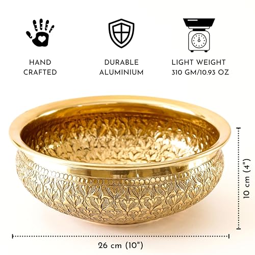 BEHOMA Classic Golden Aluminium Chitai Design 10" inch Urli | Navratri Durga Puja Indoor Center Table Flower Decorative Bowl | Urali for Haldi, Mehandi, Wedding Home Decor, Brass Finish 1Pc 1000 ml - Image 4