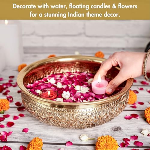 BEHOMA Classic Golden Aluminium Chitai Design 10" inch Urli | Navratri Durga Puja Indoor Center Table Flower Decorative Bowl | Urali for Haldi, Mehandi, Wedding Home Decor, Brass Finish 1Pc 1000 ml - Image 3