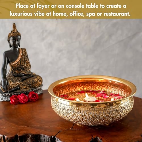 BEHOMA Classic Golden Aluminium Chitai Design 10" inch Urli | Navratri Durga Puja Indoor Center Table Flower Decorative Bowl | Urali for Haldi, Mehandi, Wedding Home Decor, Brass Finish 1Pc 1000 ml - Image 5