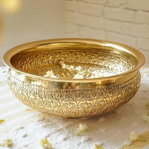 BEHOMA Classic Golden Aluminium Chitai Design 10" inch Urli | Navratri Durga Puja Indoor Center Table Flower Decorative Bowl | Urali for Haldi, Mehandi, Wedding Home Decor, Brass Finish 1Pc 1000 ml - Image 2