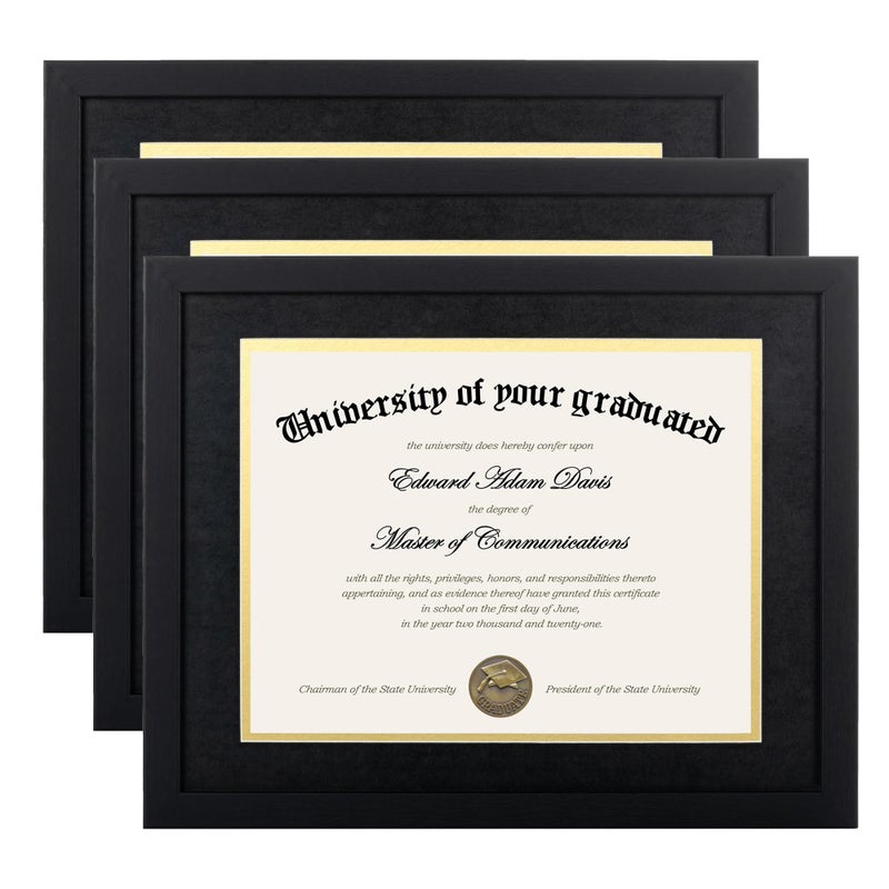 upsimples 11x14 Diploma Frame Certificate Degree Document Frame with High Definition Glass 85 x 11 with mat for Wall and Tabletop Black Double Mat 3 Pack