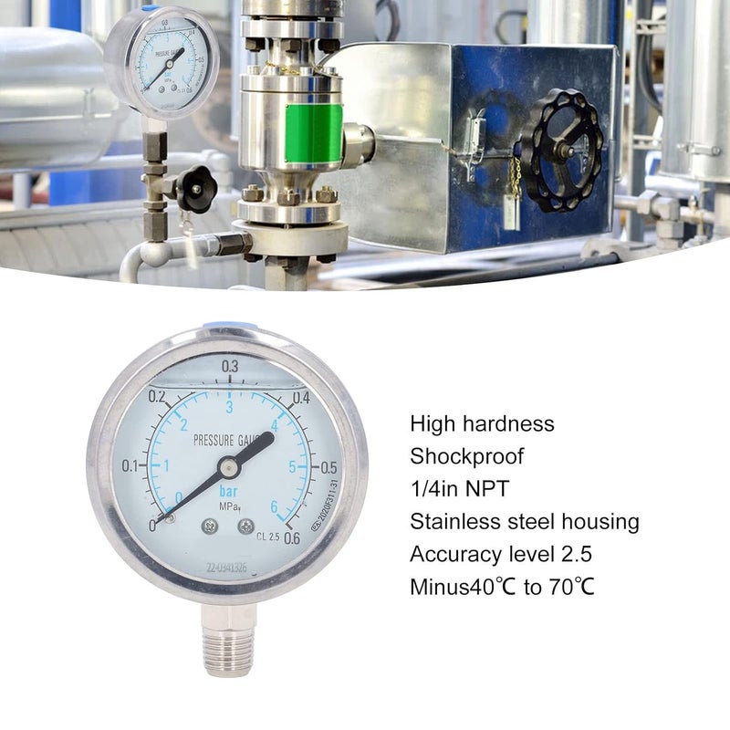 مقياس ضغط المياه من الفولاذ المقاوم للصدأ 0-6 ميجا باسكال زيت هيدروليكي فراغ صلابة عالية - Image 5