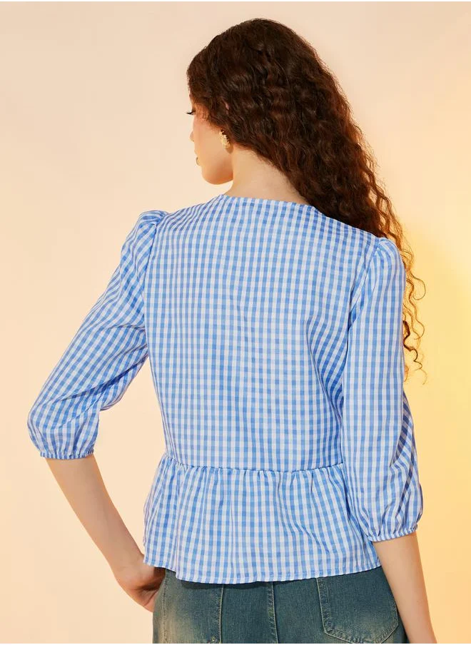 ستايلي Gingham Checked Tie Front 3/4 Sleeve Blouse