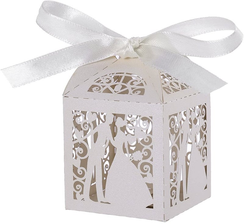Vinayakart Paper 50 Pcs Wedding Candy Boxes Couple Design Luxury Laser Cut Party Wedding Favor Ribbon Candy Boxes Gift Box Table Decorations (White) - Image 1