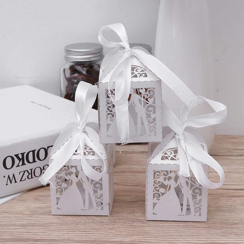 Vinayakart Paper 50 Pcs Wedding Candy Boxes Couple Design Luxury Laser Cut Party Wedding Favor Ribbon Candy Boxes Gift Box Table Decorations (White) - Image 5